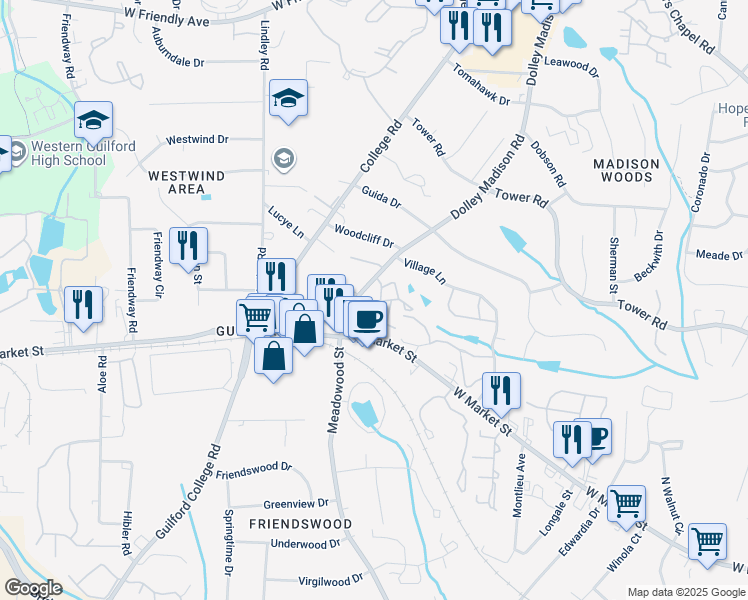 map of restaurants, bars, coffee shops, grocery stores, and more near 111 Dolley Madison Road in Greensboro