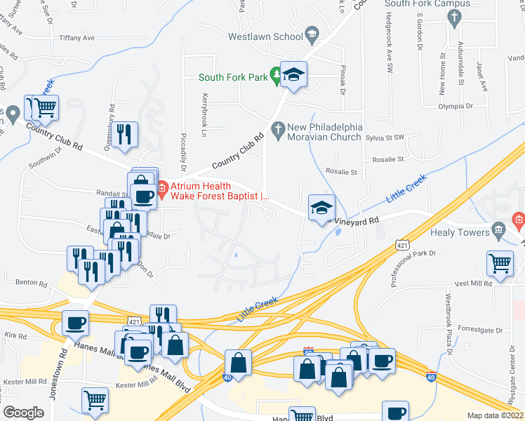 map of restaurants, bars, coffee shops, grocery stores, and more near 811 Brookford Place Court in Winston-Salem