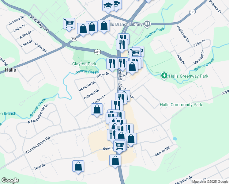 map of restaurants, bars, coffee shops, grocery stores, and more near 3900 Seeber Drive in Knoxville