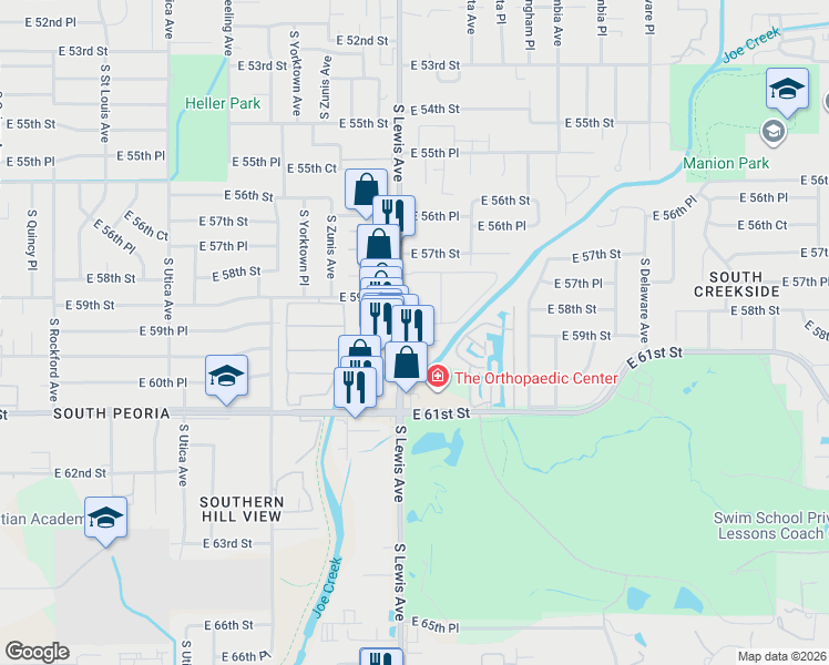 map of restaurants, bars, coffee shops, grocery stores, and more near 5933 South Lewis Avenue in Tulsa