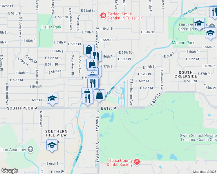 map of restaurants, bars, coffee shops, grocery stores, and more near 2433 East 59th Court in Tulsa