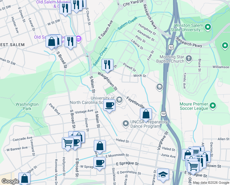 map of restaurants, bars, coffee shops, grocery stores, and more near 172 Waughtown Street in Winston-Salem
