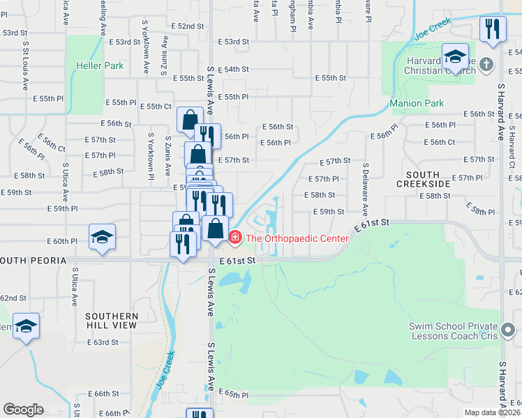 map of restaurants, bars, coffee shops, grocery stores, and more near 5815 South Atlanta Avenue in Tulsa
