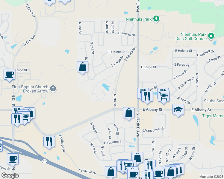 map of restaurants, bars, coffee shops, grocery stores, and more near 2700 North 7th Street in Broken Arrow