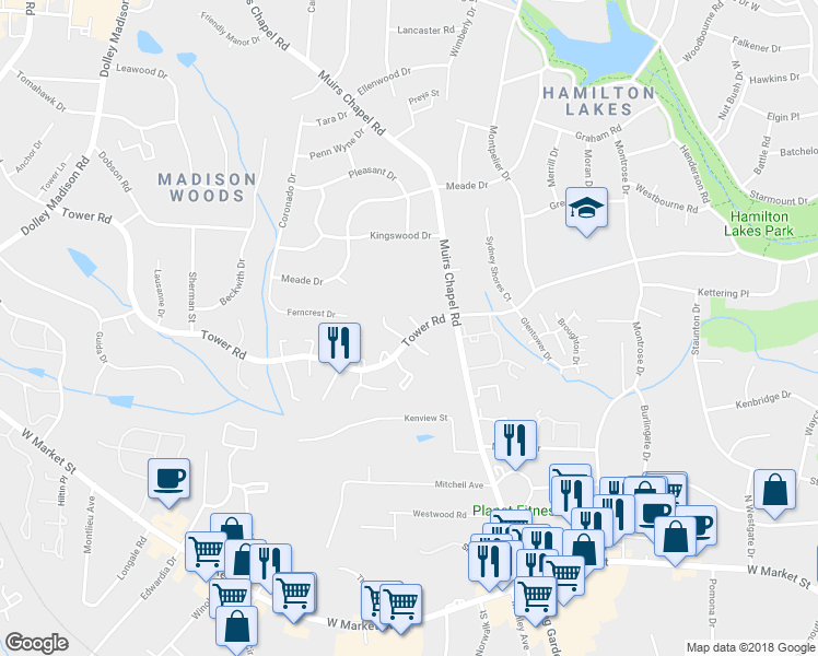map of restaurants, bars, coffee shops, grocery stores, and more near 4816 Tower Road in Greensboro