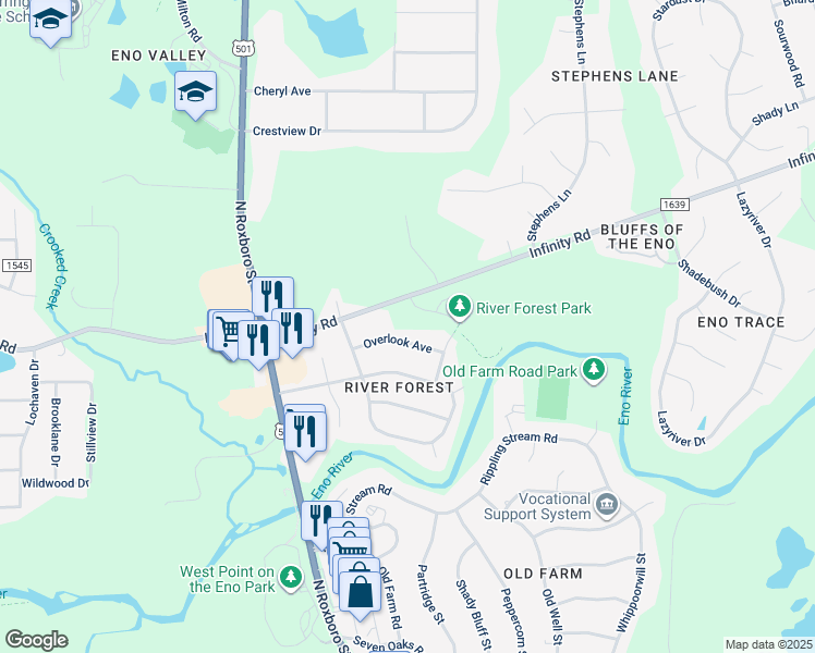 map of restaurants, bars, coffee shops, grocery stores, and more near 223 Overlook Ave in Durham