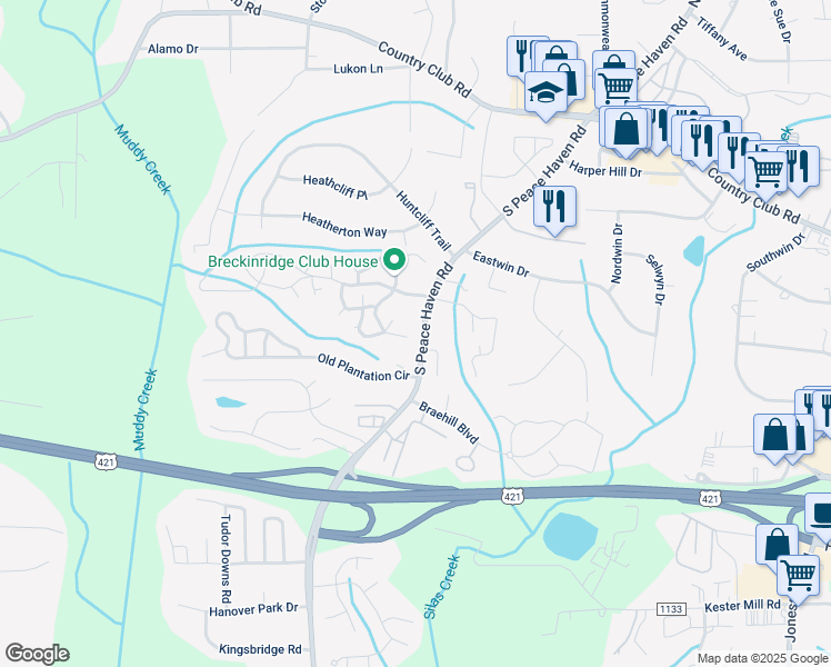 map of restaurants, bars, coffee shops, grocery stores, and more near 232 Barrington Place in Winston-Salem
