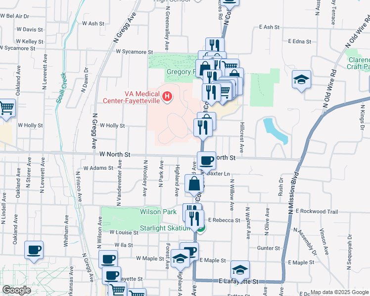 map of restaurants, bars, coffee shops, grocery stores, and more near 1179 North College Avenue in Fayetteville