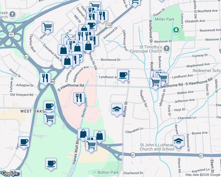 map of restaurants, bars, coffee shops, grocery stores, and more near 1715 South Hawthorne Road in Winston-Salem