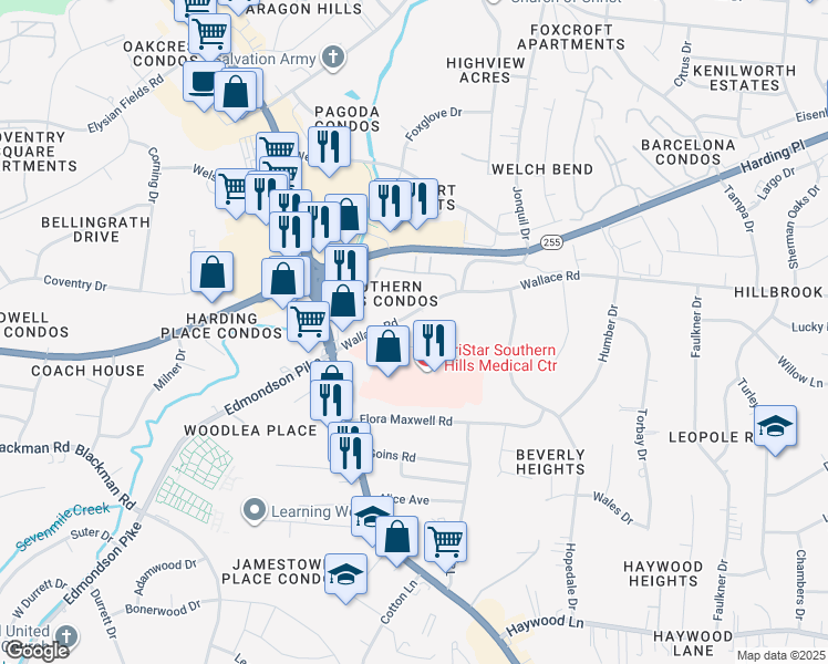map of restaurants, bars, coffee shops, grocery stores, and more near 371 Wallace Road in Nashville