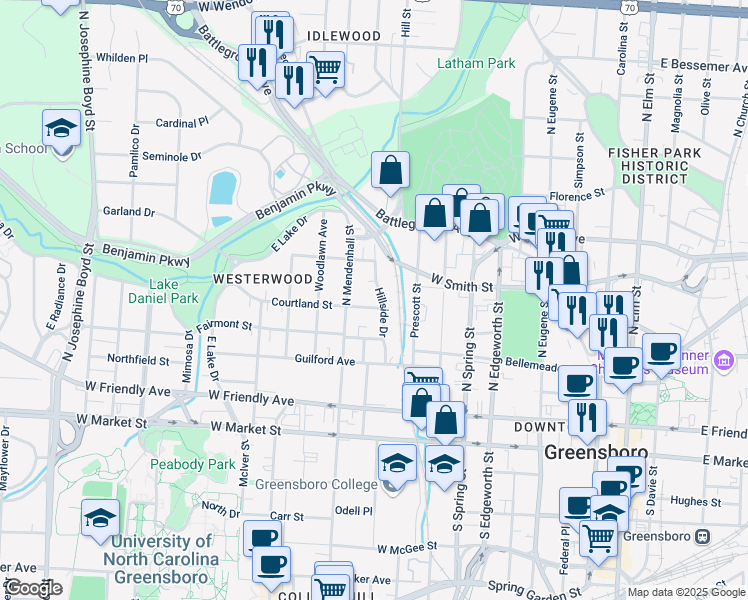 map of restaurants, bars, coffee shops, grocery stores, and more near 610 Courtland Street in Greensboro