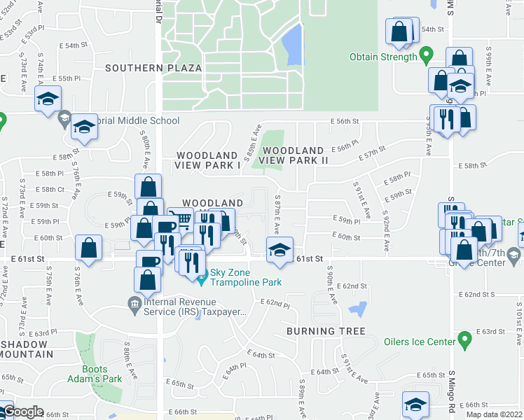 map of restaurants, bars, coffee shops, grocery stores, and more near 8655 East 61st Street in Tulsa