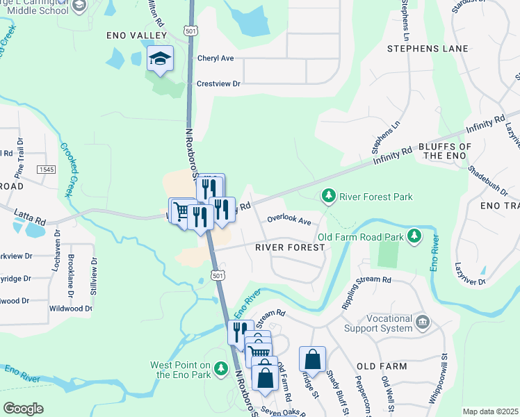 map of restaurants, bars, coffee shops, grocery stores, and more near 208 Infinity Road in Durham