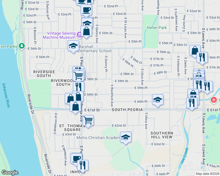 map of restaurants, bars, coffee shops, grocery stores, and more near 5920 South Rockford Avenue in Tulsa