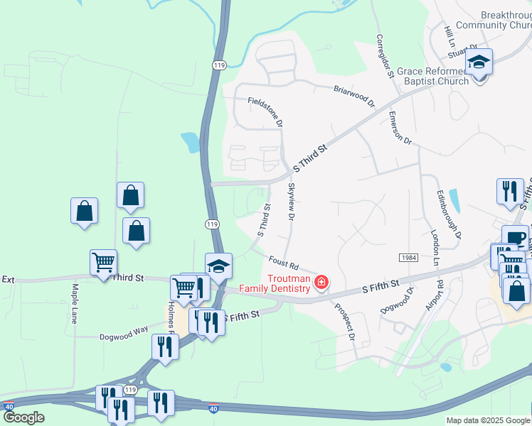 map of restaurants, bars, coffee shops, grocery stores, and more near 1229 South Third Street in Mebane