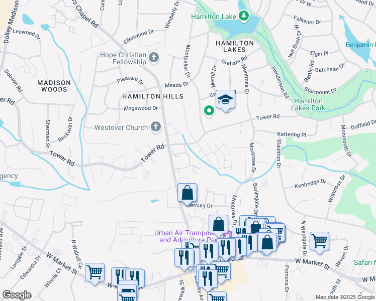 map of restaurants, bars, coffee shops, grocery stores, and more near 4719 Tower Road in Greensboro