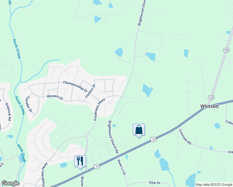 map of restaurants, bars, coffee shops, grocery stores, and more near 6902 East Whirlaway Court in Whitsett
