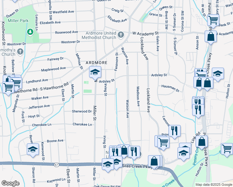 map of restaurants, bars, coffee shops, grocery stores, and more near 1021 Fenimore Street in Winston-Salem