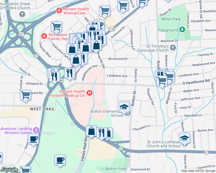 map of restaurants, bars, coffee shops, grocery stores, and more near in Winston-Salem