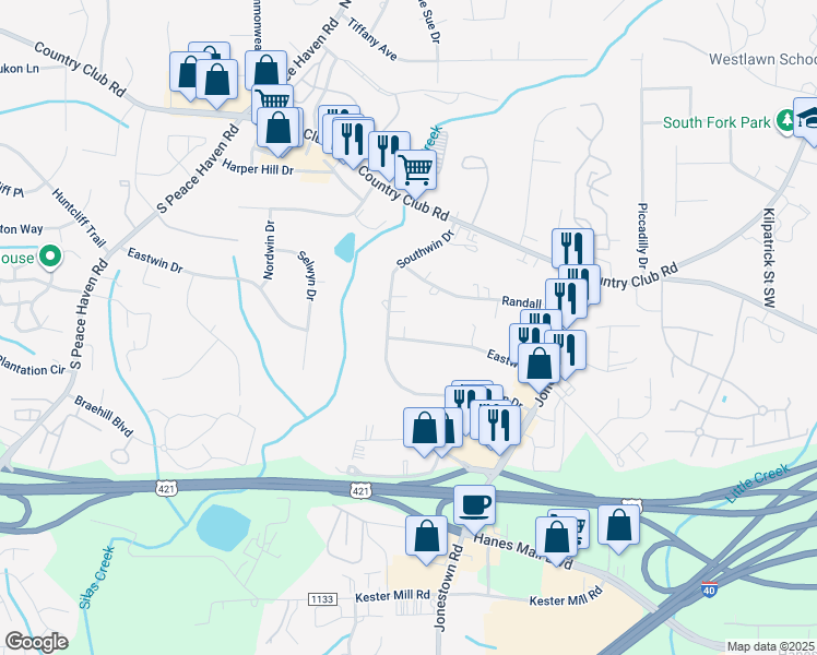 map of restaurants, bars, coffee shops, grocery stores, and more near 4769 Eastwin Drive in Winston-Salem