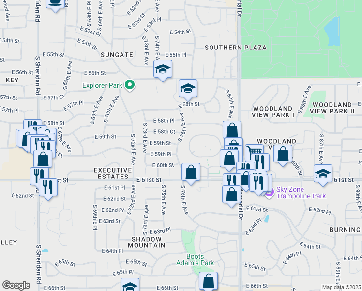 map of restaurants, bars, coffee shops, grocery stores, and more near 5881 East 59th Street in Tulsa