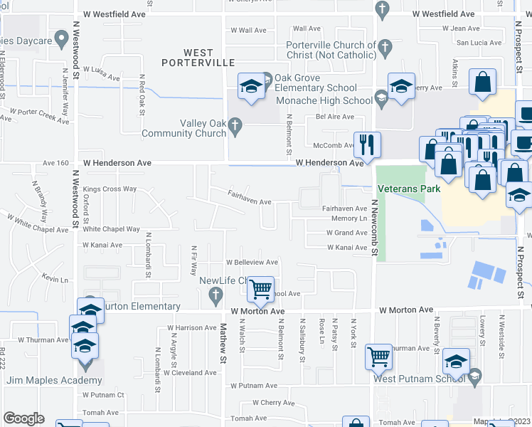 map of restaurants, bars, coffee shops, grocery stores, and more near 664 North Verdugo Drive in Porterville