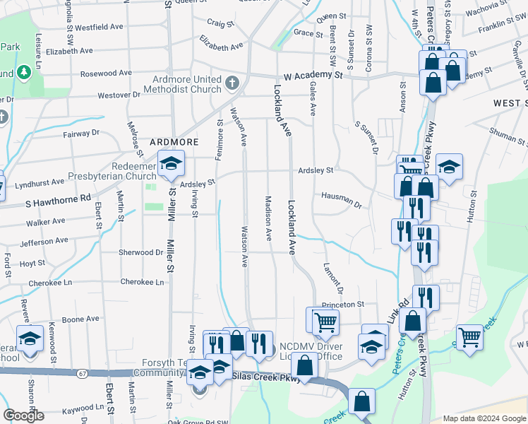 map of restaurants, bars, coffee shops, grocery stores, and more near 954 Madison Avenue in Winston-Salem
