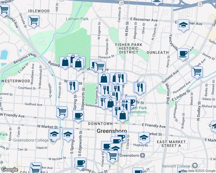 map of restaurants, bars, coffee shops, grocery stores, and more near 133 Paisley Street in Greensboro