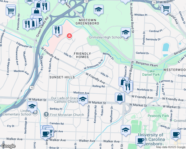 map of restaurants, bars, coffee shops, grocery stores, and more near 1900 West Friendly Avenue in Greensboro