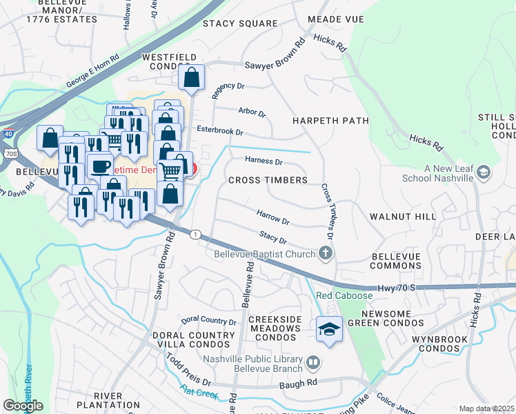 map of restaurants, bars, coffee shops, grocery stores, and more near 7460 Harrow Drive in Nashville