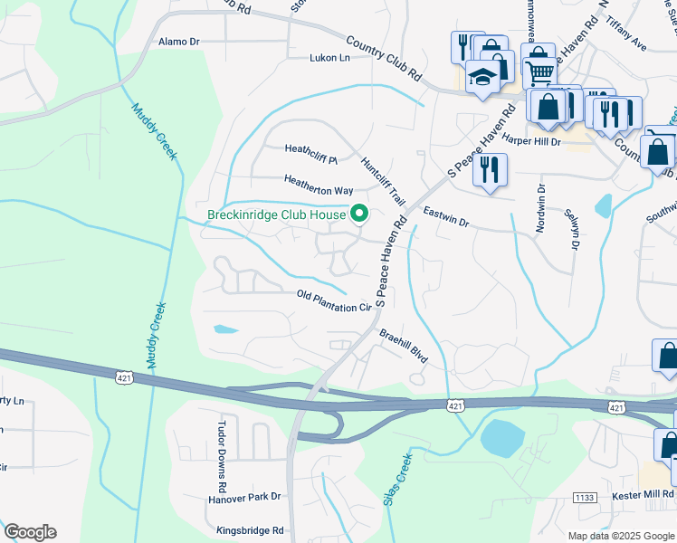 map of restaurants, bars, coffee shops, grocery stores, and more near 410 Chadbourne Court in Winston-Salem