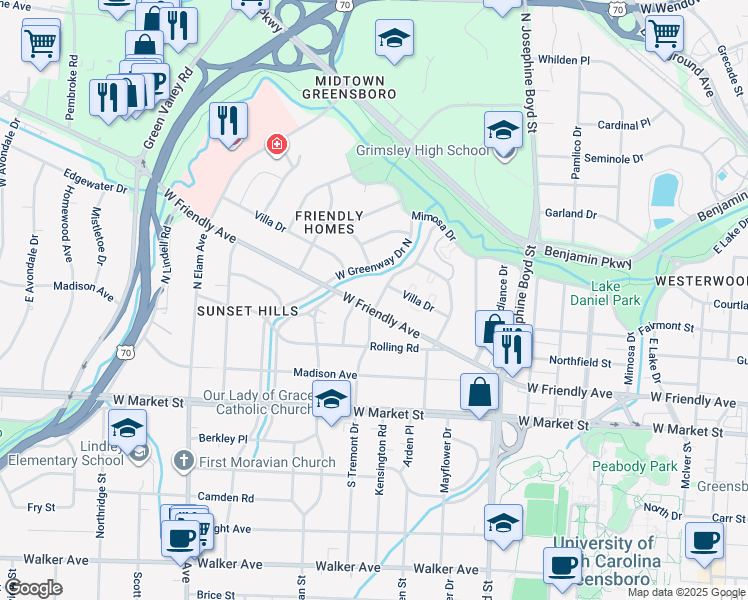 map of restaurants, bars, coffee shops, grocery stores, and more near 1900 West Friendly Avenue in Greensboro
