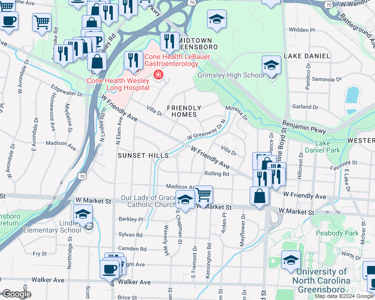map of restaurants, bars, coffee shops, grocery stores, and more near 406 East Greenway Drive North in Greensboro