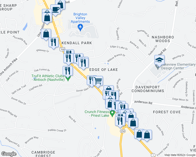 map of restaurants, bars, coffee shops, grocery stores, and more near 2540 Murfreesboro Pike in Nashville