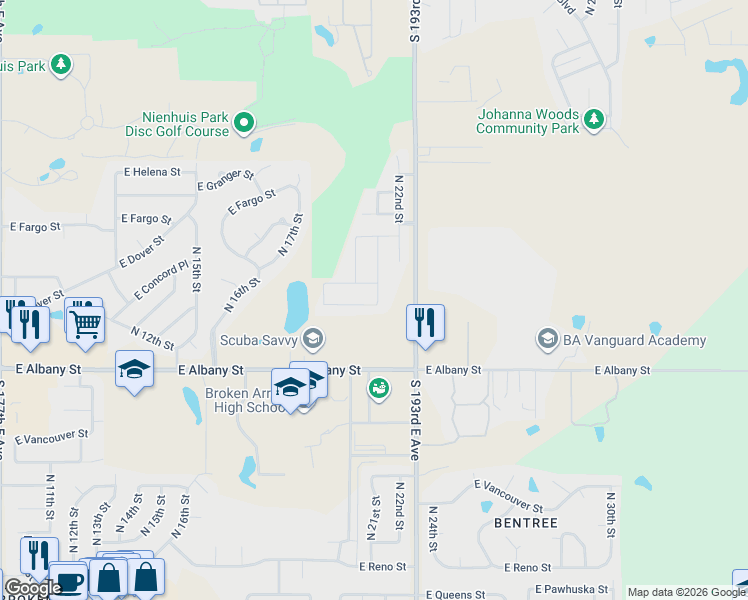 map of restaurants, bars, coffee shops, grocery stores, and more near 2609 North 21st Street in Broken Arrow