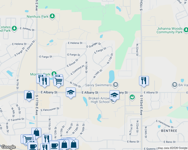 map of restaurants, bars, coffee shops, grocery stores, and more near 1600 East Boise Street in Broken Arrow