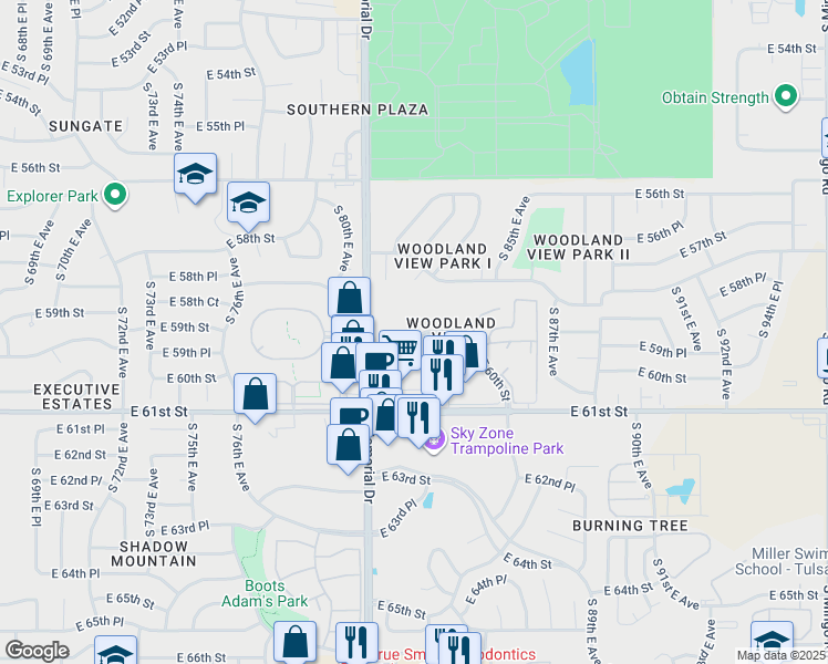map of restaurants, bars, coffee shops, grocery stores, and more near 8201 East 60th Street in Tulsa