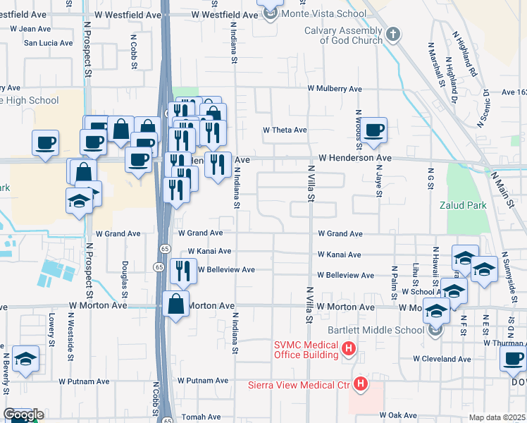 map of restaurants, bars, coffee shops, grocery stores, and more near 668 Village Green Street in Porterville