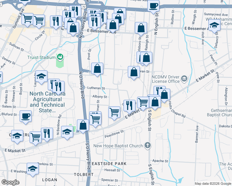 map of restaurants, bars, coffee shops, grocery stores, and more near 325 Winston Street in Greensboro