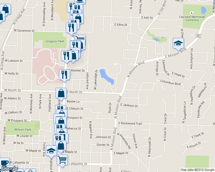 map of restaurants, bars, coffee shops, grocery stores, and more near 1140 East Lakefront Drive in Fayetteville