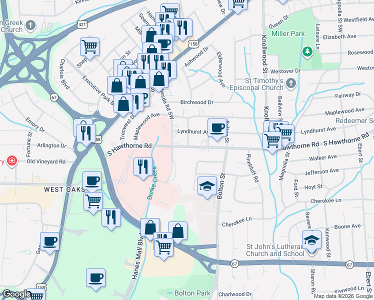 map of restaurants, bars, coffee shops, grocery stores, and more near 1803 South Hawthorne Road in Winston-Salem