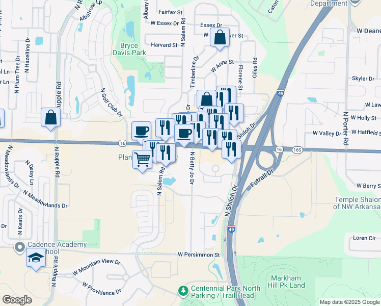 map of restaurants, bars, coffee shops, grocery stores, and more near 1035 North Betty Jo Drive in Fayetteville