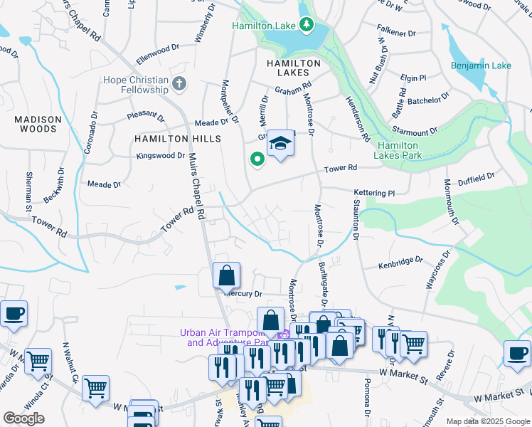 map of restaurants, bars, coffee shops, grocery stores, and more near 501 Broughton Drive in Greensboro