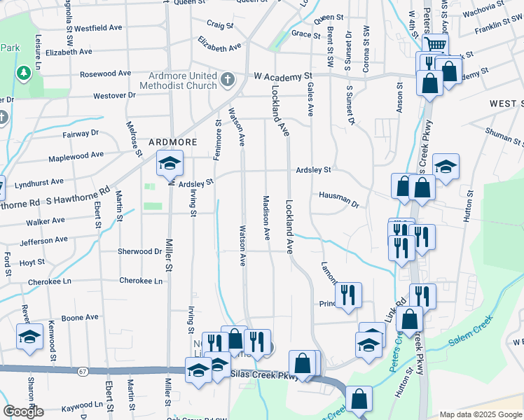 map of restaurants, bars, coffee shops, grocery stores, and more near 954 Madison Avenue in Winston-Salem