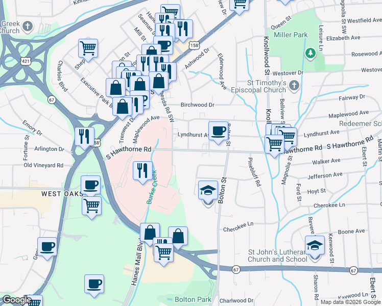 map of restaurants, bars, coffee shops, grocery stores, and more near 1715 South Hawthorne Road in Winston-Salem