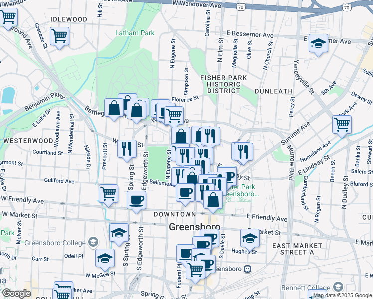 map of restaurants, bars, coffee shops, grocery stores, and more near 135 Paisley Street in Greensboro