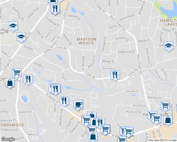 map of restaurants, bars, coffee shops, grocery stores, and more near 5012 Tower Road in Greensboro