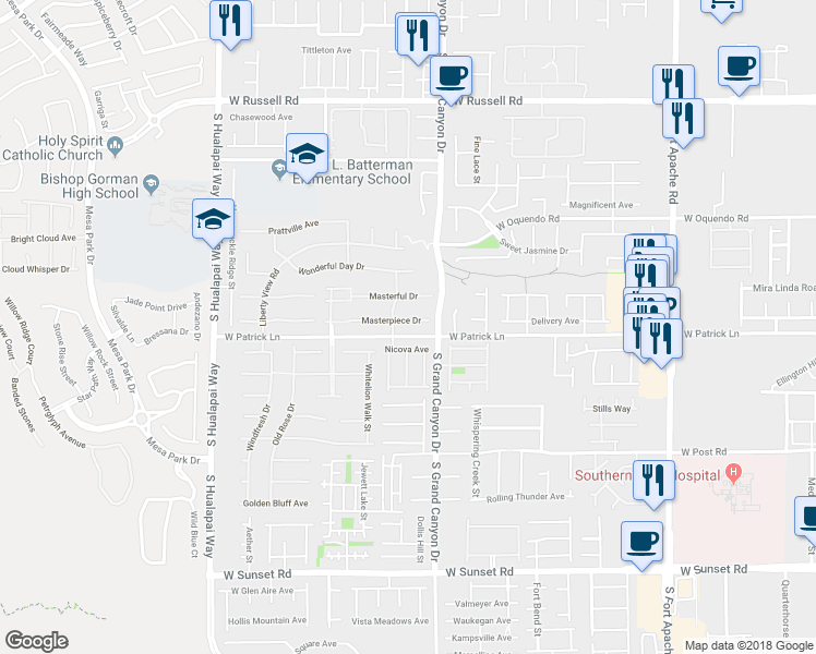 map of restaurants, bars, coffee shops, grocery stores, and more near 9853 Masterpiece Drive in Las Vegas