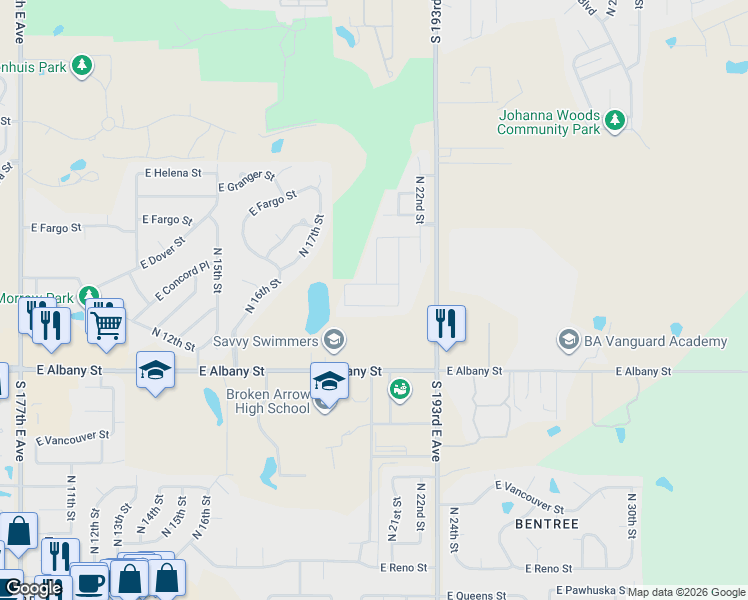 map of restaurants, bars, coffee shops, grocery stores, and more near 2124 East Concord Street in Broken Arrow