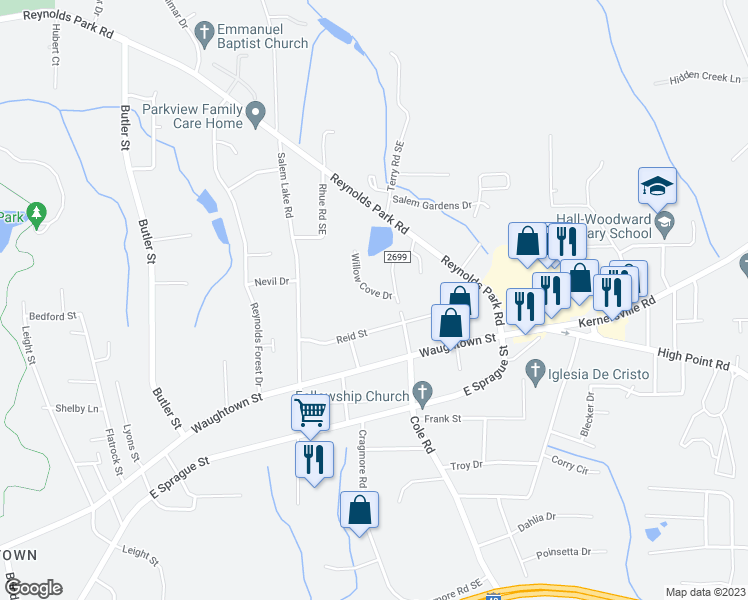 map of restaurants, bars, coffee shops, grocery stores, and more near 2894b Willow Cove Drive in Winston-Salem